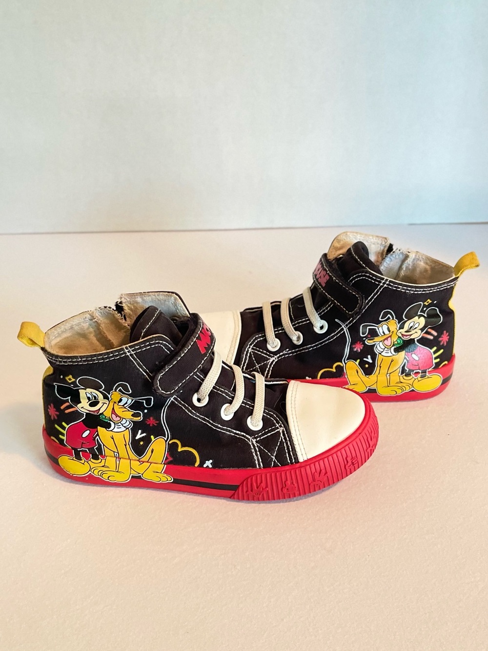 Kids Black High-Top Sneakers with Mickey Mouse & Pluto Accent and Red Sole